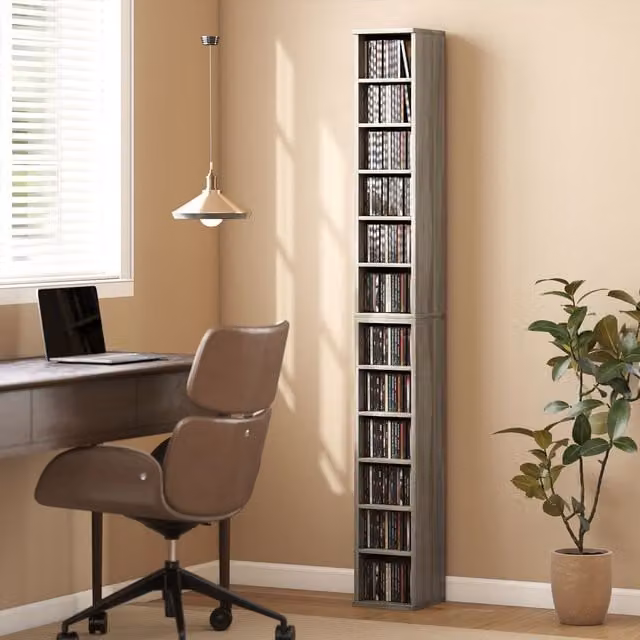 HOMCOM Set of 2 Grey CD Media Display Tower Racks with Adjustable Shelves