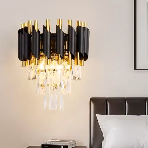 Harper Living Modern Crystal Wall Light in Black and Gold Finish with 3 Tiers and 2 x E14 Sockets – 1