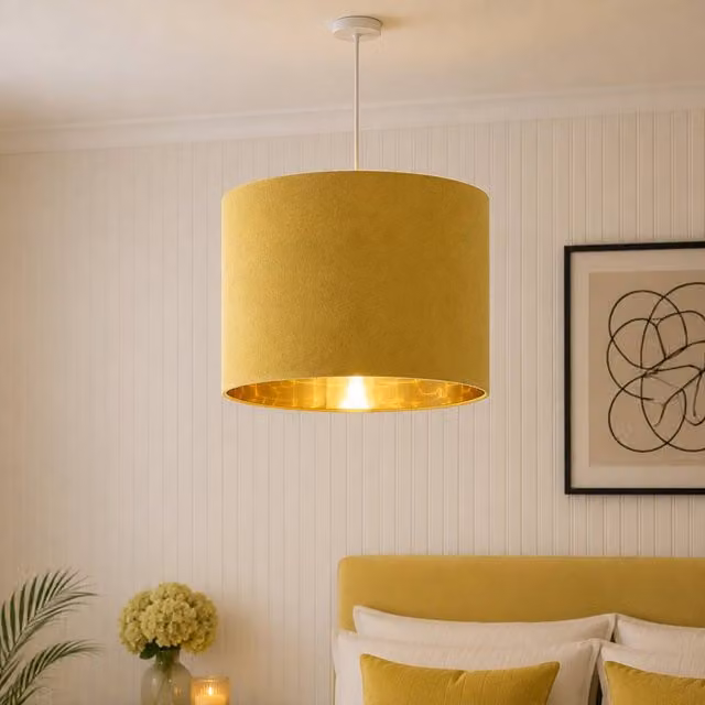 CGC Lighting Mustard Yellow Velvet and Gold Round Pendant Drum Lamp Shade