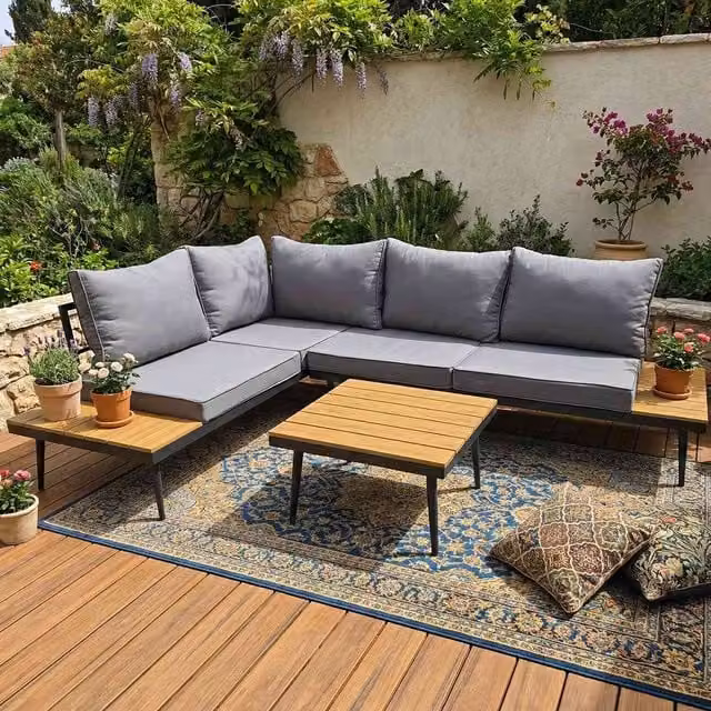 BIRCHTREE 5-Seater Modern L-Shape Garden Furniture Set with Upholstered Grey Fabric Cushions and Rectangular Coffee Table