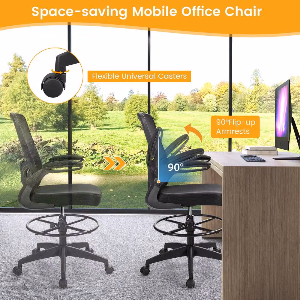 Costway 2-Piece Set of Height Adjustable Mesh Drafting Chairs with Lumbar Support and Foot Ring in Black – 4