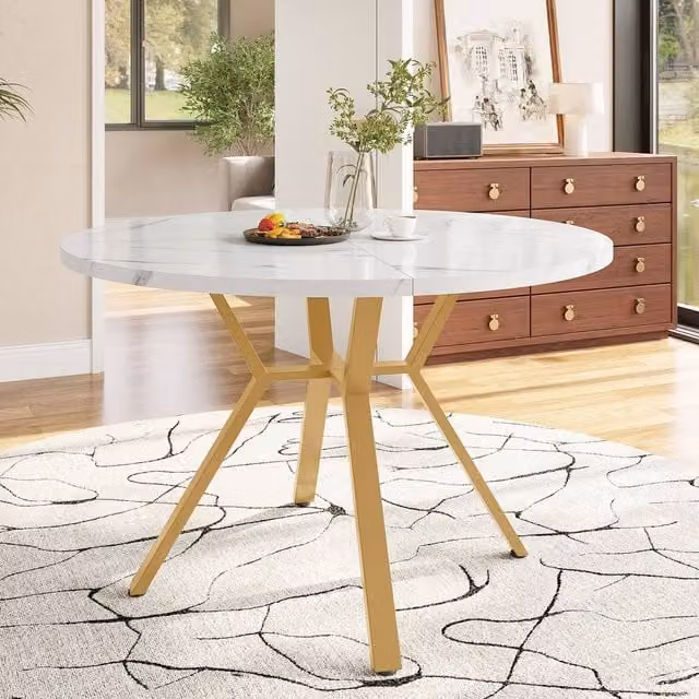Fascinate Modern Round Marble-Textured Dining Table in White and Gold