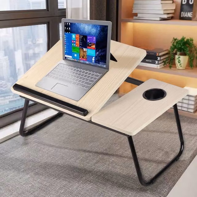 Living and Home Adjustable Folding Laptop Bed Table with Cup Slot and Stop Bar in Beige – 1
