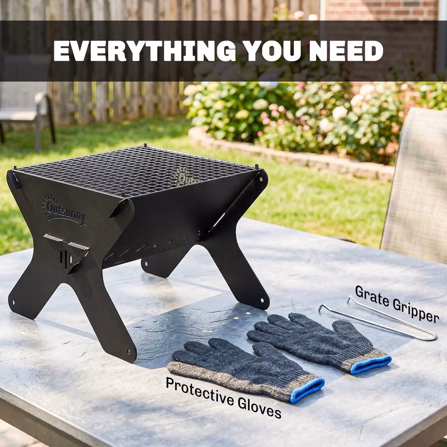 Outsunny 2-In-1 Portable Tabletop Charcoal BBQ Grill and Camping Fire Pit in Black with Carry Bag, Gloves and Gripper – 7
