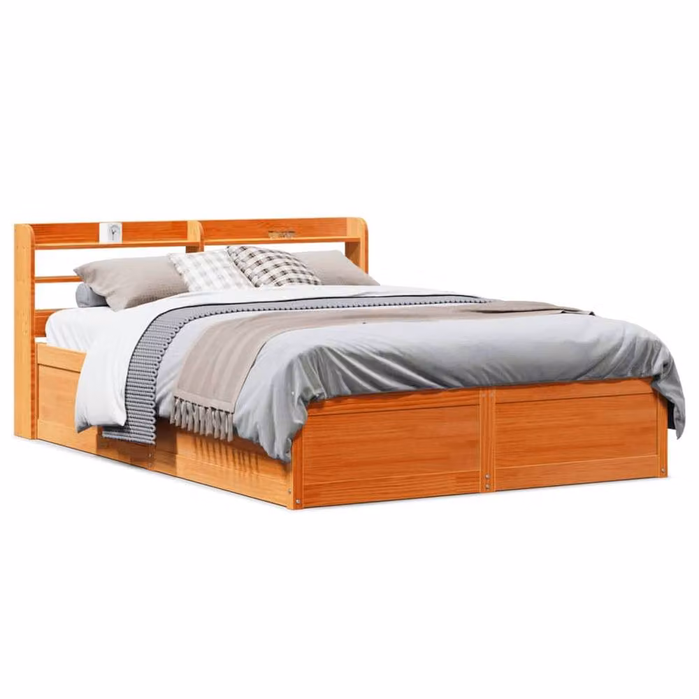 Berkfield Home Sleek Solid Wood Pine Bed Frame with Headboard in Wax Brown, W/D/H: 160 x 200 cm – 2