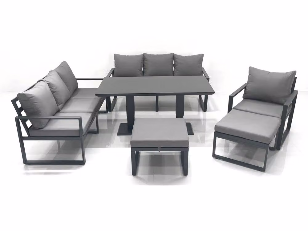 Fimous Outdoor Garden Furniture Set with Aluminium Lounge Sofa, Adjustable Rising Lifting Dining Table and 2 Large Footstools in Dark Grey – 2