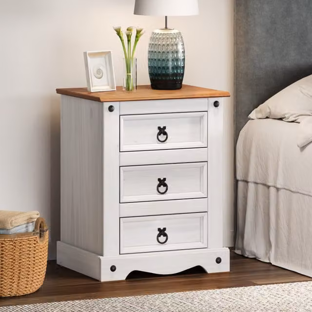 Mercers Furniture Corona Large 3 Drawer Bedside Cabinet in Distressed White Waxed Solid Mexican Pine