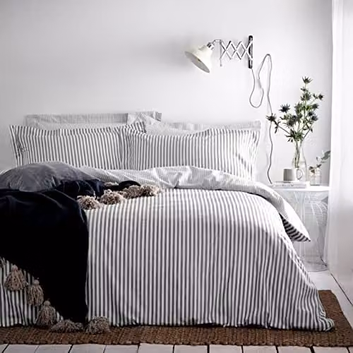 Riva Home Yard Hebden Reversible Striped 100% Cotton Duvet Cover and Pillowcase Set, Grey, W/H: 90 x 200 cm – 1