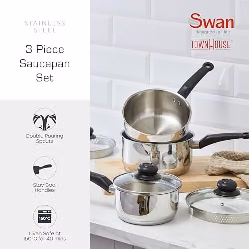 Swan Townhouse 3 Piece Stainless Steel Saucepan Set with Glass Lids, Silver, SWPS5025SS – 1