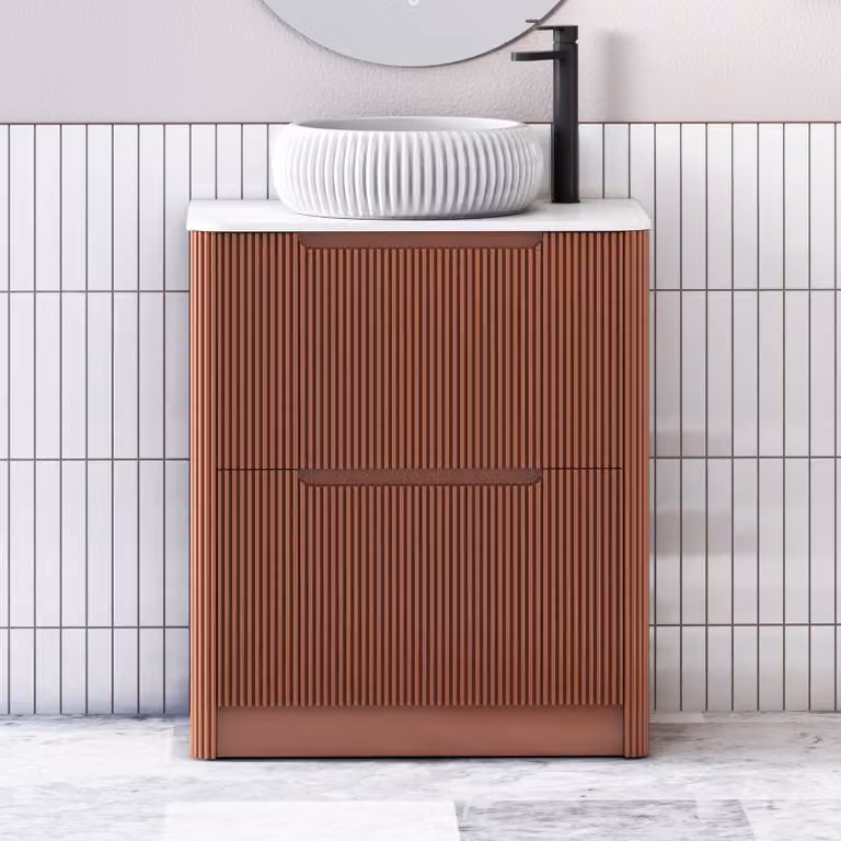 Royal Bathrooms Avenza 600mm Terracotta Clay Floor Standing Vanity Unit with 2 Drawers, Plain White Worktop and Milan Basin