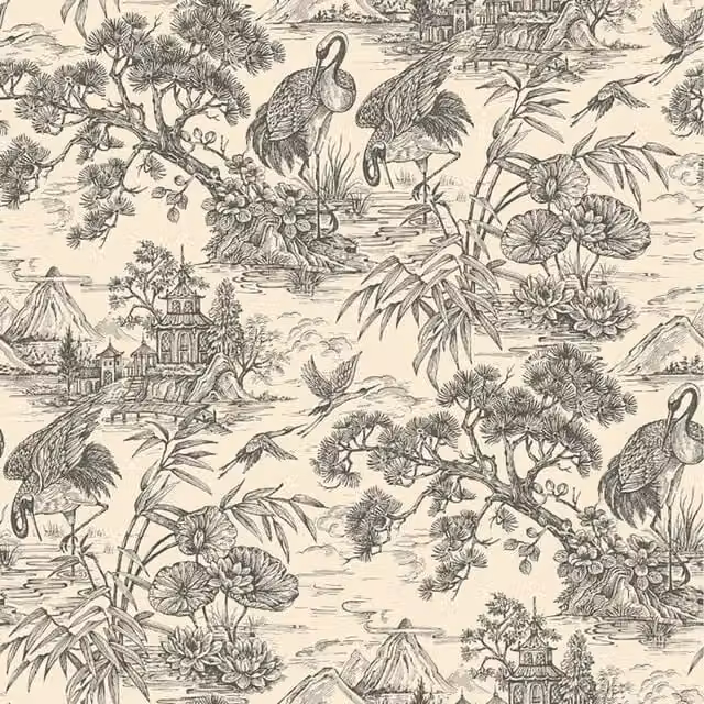 Holden Decor Crane Lagoon Birds Floral Botanical Wallpaper in Beige, Anthracite and Black – 1