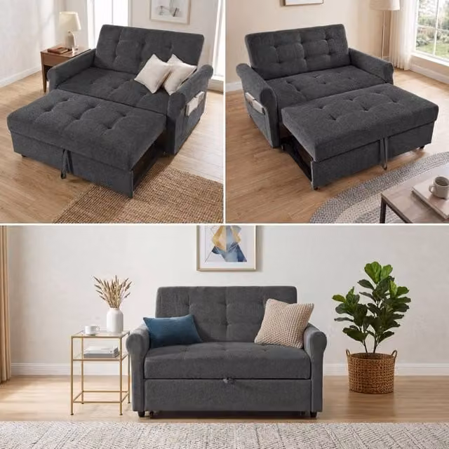 Merax 2-Seater Grey Chenille Convertible Sofa Bed with USB Charging Ports and Pull-Out Drawer, W/D/H: 135 x 173 cm