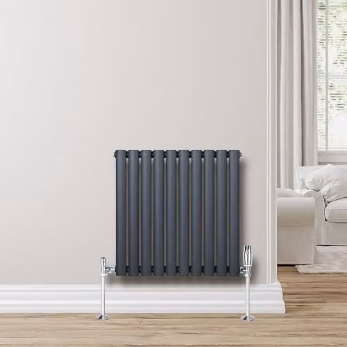 Monster Shop Oval Single Column Radiator in Matt Anthracite Grey, Carbon Steel, W/H: 60 x 60 cm, with Chrome Thermostatic Radiator Valve Set and Wall Brackets – 3