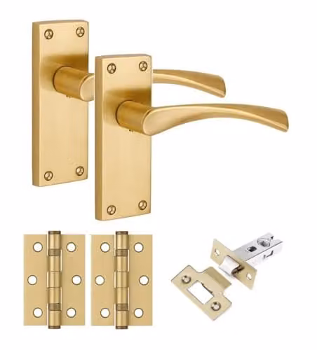 Golden Grace Astrid Long Backplate Door Handle Set in Satin Brass