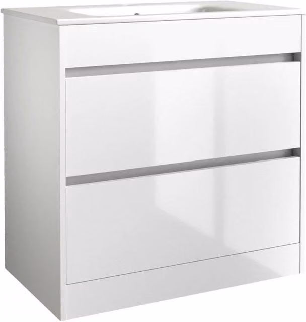 Clifton White Glossy 2-Drawer Standing Bathroom Unit with Basin, W: 80 cm, D: 45.5 cm, H: 83 cm