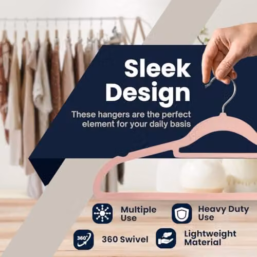 Sasha Morel 20 Pack Non-Slip Velvet Coat Hangers with Tie Organiser and Swivel Hooks, Pink – 2