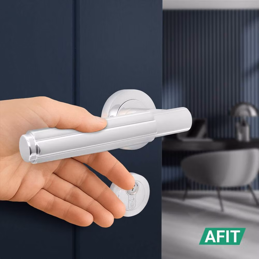 AFIT Chrome Fire Door Handle Set with Euro Lock, Thumbturn, Cylinder and Hinges in Silver – 4