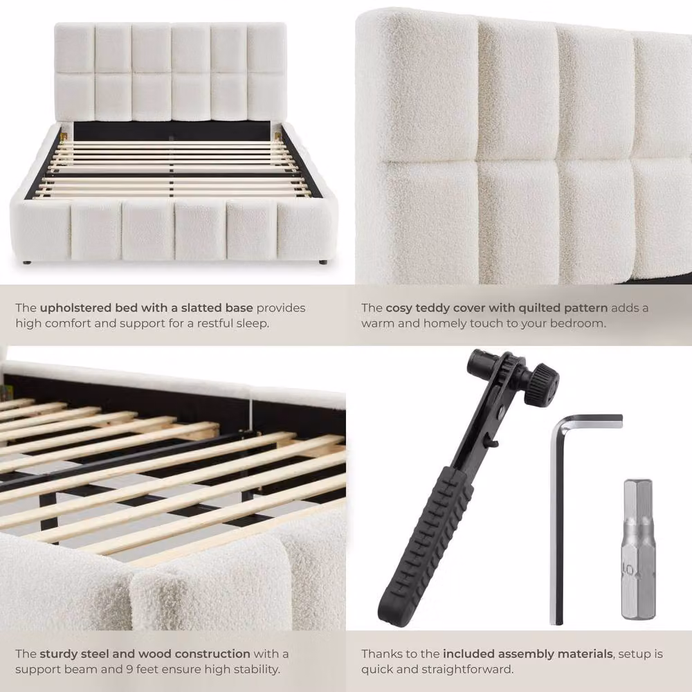 tectake Shirley Upholstered Super King Bed with Slatted Frame and Lift Up Base in Cream – 4
