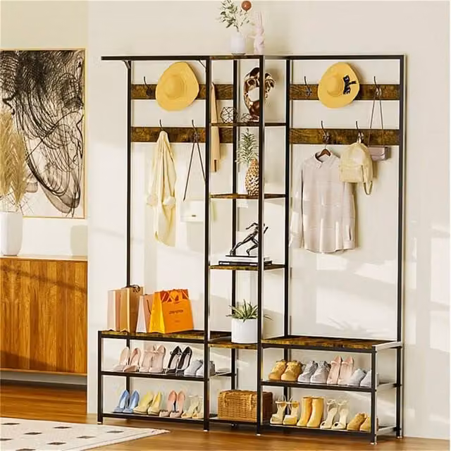 FORGEVIO Industrial Metal Hall Tree with Bench and Dual Hook and Rail Matrix in Matt Black, H 178.5 cm x W 146.0 cm