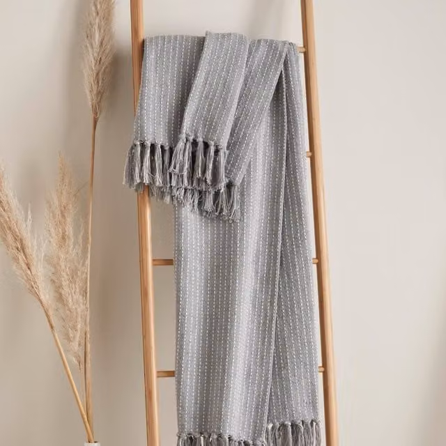 Drift Home Quinn Woven Striped Cotton Throw with Fringes in Grey, W/D/H: 200 x 200 x 1 cm – 1