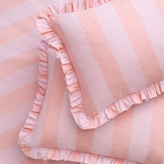 Make It A Home Birdie Stripe Ruffle Pillowcase Pair in Pink Cotton