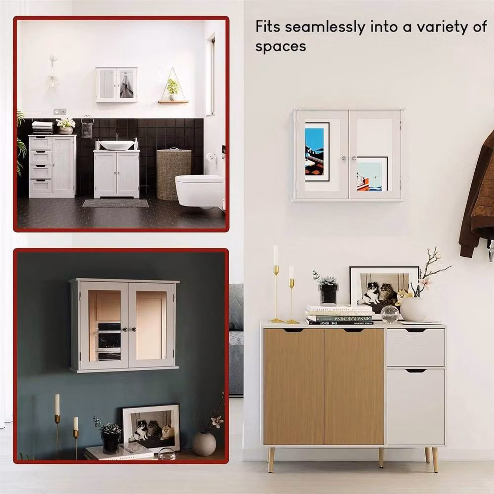FORGEVIO Priano White Lacquered Bathroom Mirror Wall Cabinet with Double Hinged Doors and Internal Shelves – 3