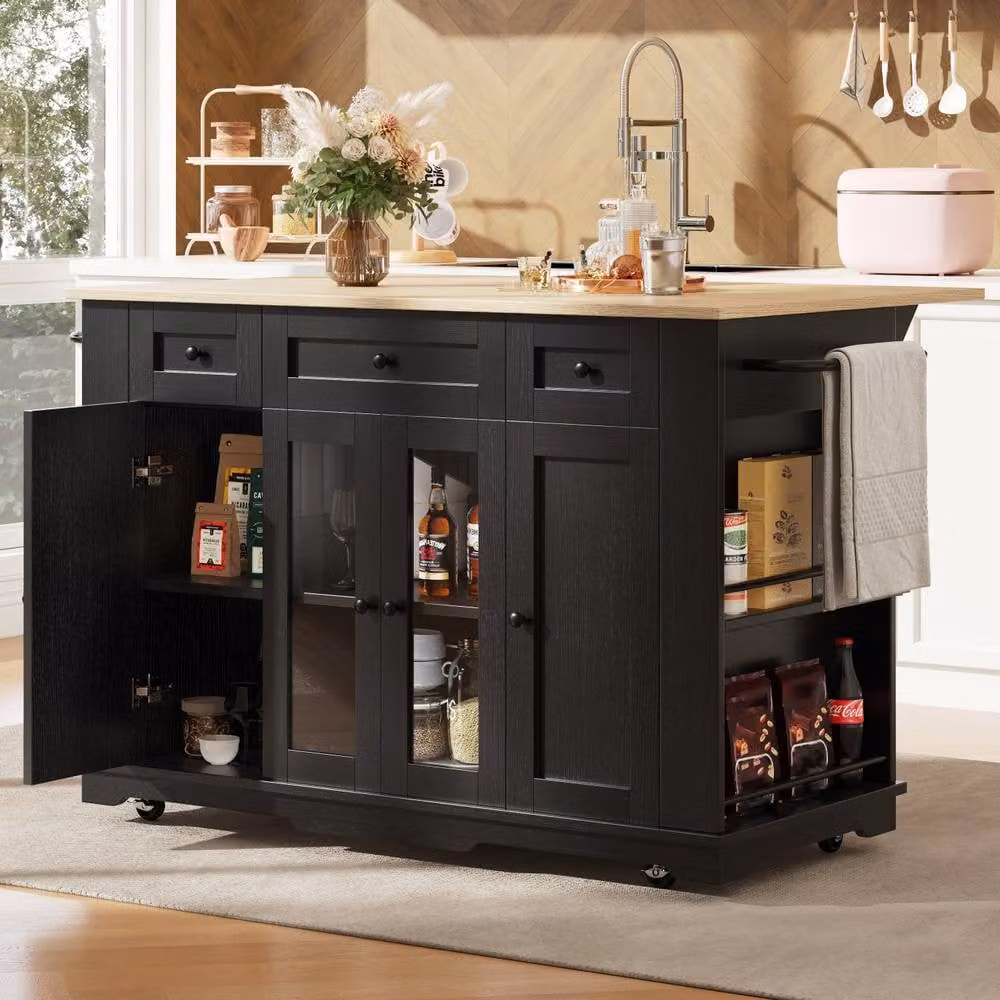 Merax Rolling Kitchen Island Storage Trolley with Glass Doors and 3 Drawers in Black, W/D/H: 91.7 x 60.0 x 151.5 cm – 2