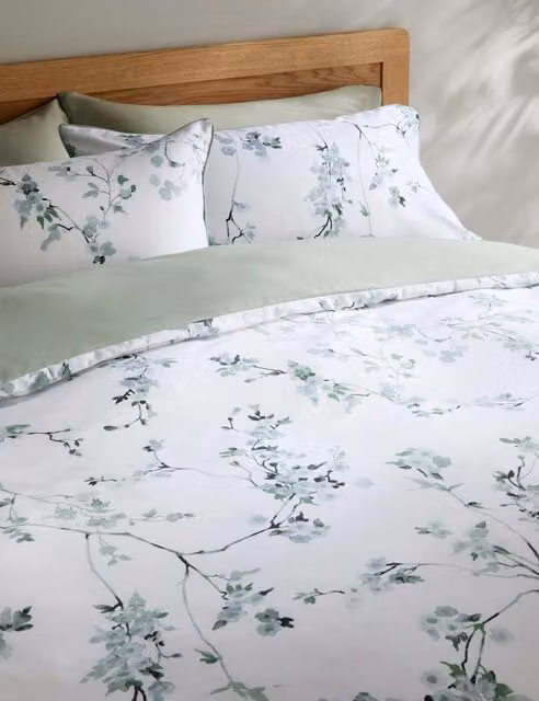M&S Pure Cotton Mako Satin Cherry Blossom Floral Bedding Set, Green and White, 200 x 200 cm