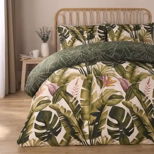 OHS Green Tropical Foliage Superking Duvet Cover Set with Matching Pillowcases, Reversible Microfibre Bedding – 1