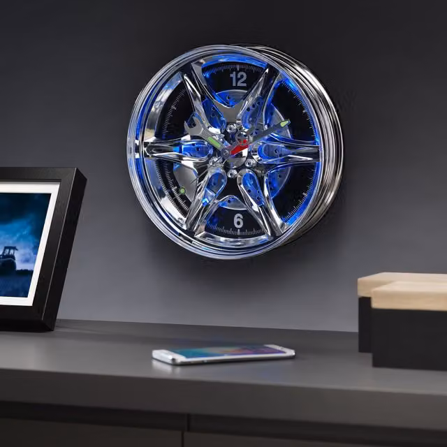 Menkind RED5 Neon Rim Automotive Style Silver Metal Wall Clock with LED Glow, Diameter: 35.5 cm