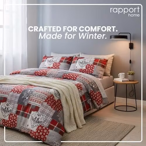 Rapport Home Alpine Patchwork Flannelette Duvet Cover Set in Red, Grey and Multicolour, W/D/H: 180 x 200 cm, with 2 Pillowcases (50 x 75 cm) – 3