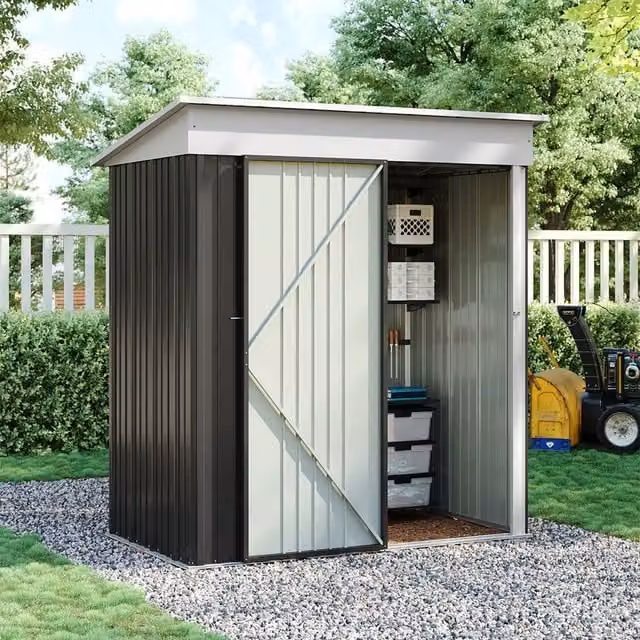 Lifeideas Metal Garden Shed with Shelving and Hooks in Black and White, W/D/H: 91.44 x 152.4 x 152.4 cm