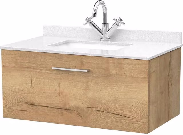 Balterley Pershall Modern 1 Drawer Bathroom Vanity Unit with Marble Top and Basin in Autumn Oak Brown, W: 80 cm