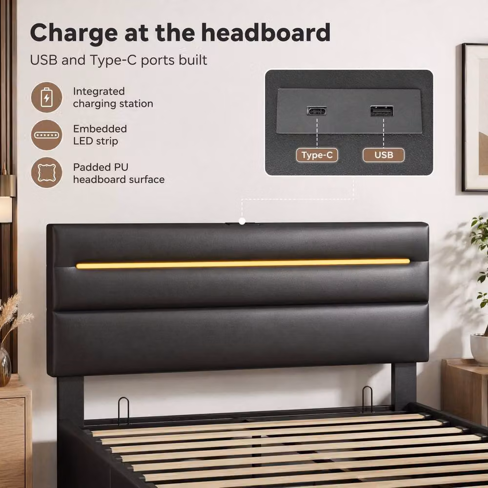 STILVORA Double Ottoman Bed with Storage, LED Lighting and USB Charging Port in Black – 7