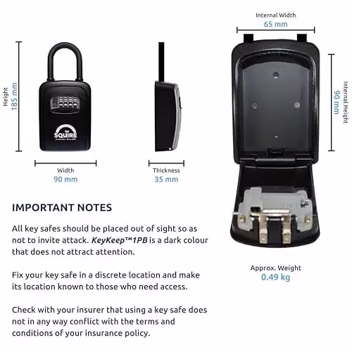Squire KeyKeep 1 PB Combination Key Safe, Black, 4-Wheel Recodable with Removable Shackle – 2