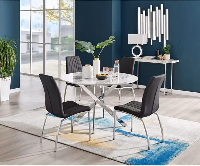 FurnitureboxUK Novara White Marble Effect Round Dining Table and 4 Isco Black Chairs, Diameter: 120 cm