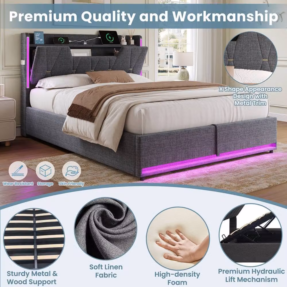 Matteo Double Upholstered Bed Frame with Lift-Up Storage, LED Headboard and USB Charging Port in Grey – 5
