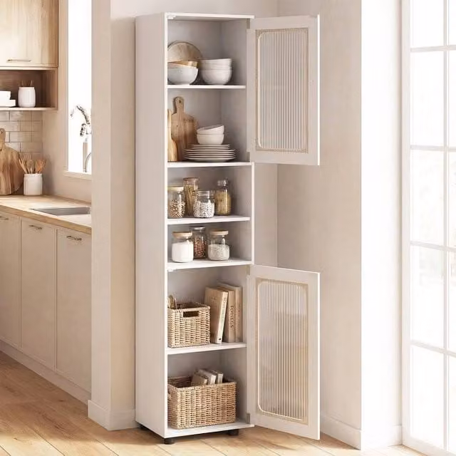 EONLION Tall Freestanding Bathroom Cabinet in White with Glass Doors and Internal Shelves, Height: 170 cm