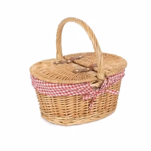 Red Hamper Child's Lined Oval Lidded Picnic Basket in Red and Brown Wood – 1
