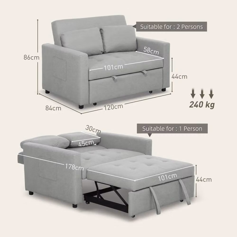 Wyld Haus Sedisa 2 Seater Convertible Click Clack Sofa Bed in Grey with Solid Wood Frame and Scatter Cushions – 3