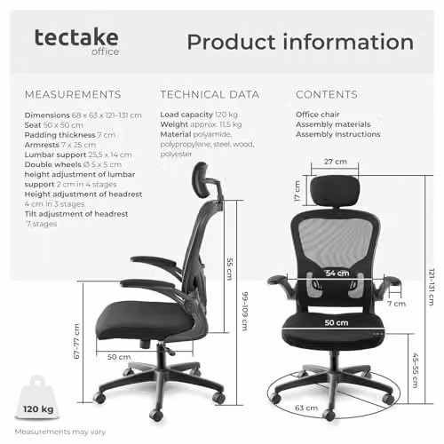 tectake Ergonomic Office Chair in Black with Mesh Backrest, Headrest and 360 Degree Swivel Function – 2