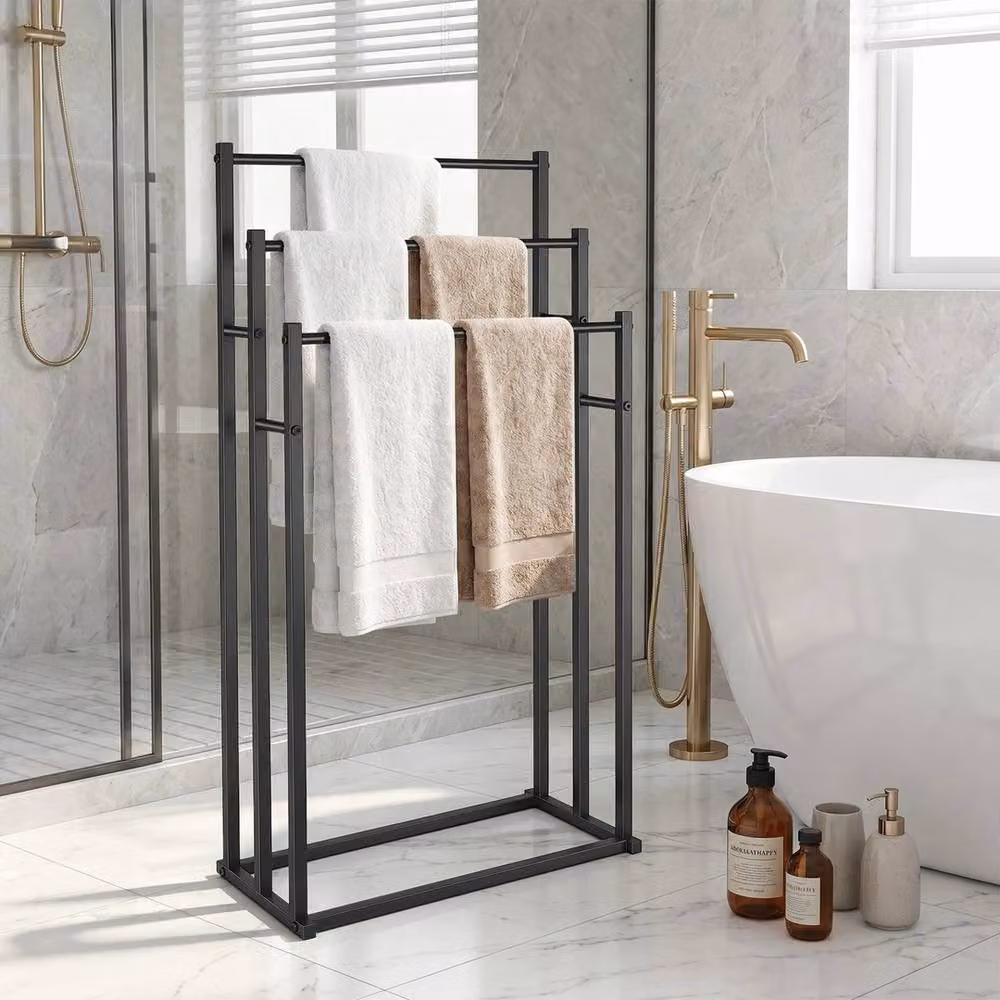 VOGREX 3-Tier Metal Freestanding Bathroom Towel Rack in Matt Black – 4