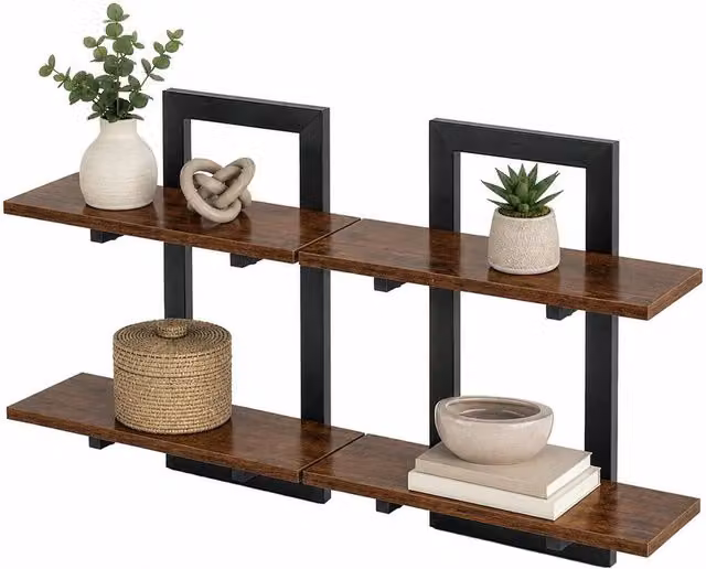 VOGREX Brown Industrial Wall Mounted Shelves, 2-Piece Metal and Wood Set