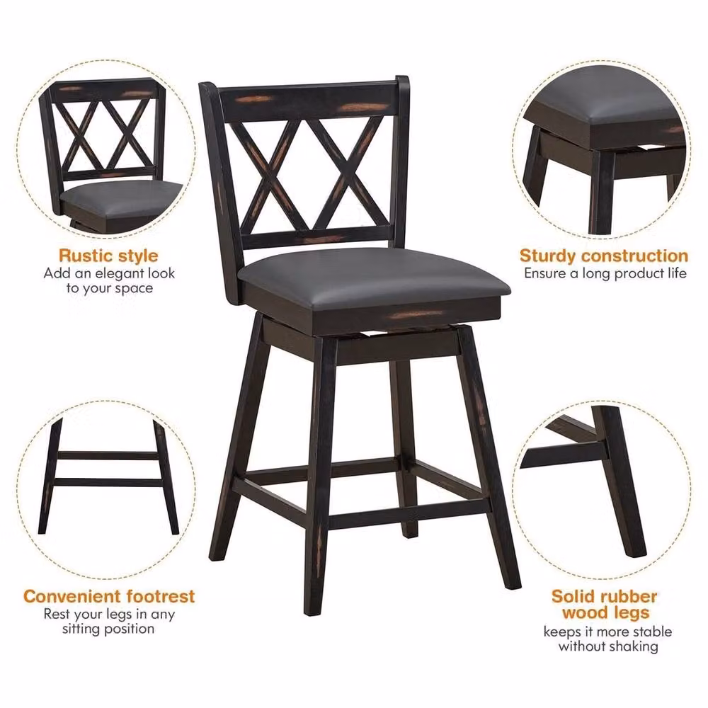 Havendro Set of 2 Modern Counter Height Bar Stools with 360 Swivel Upholstered Seats in Black – 4