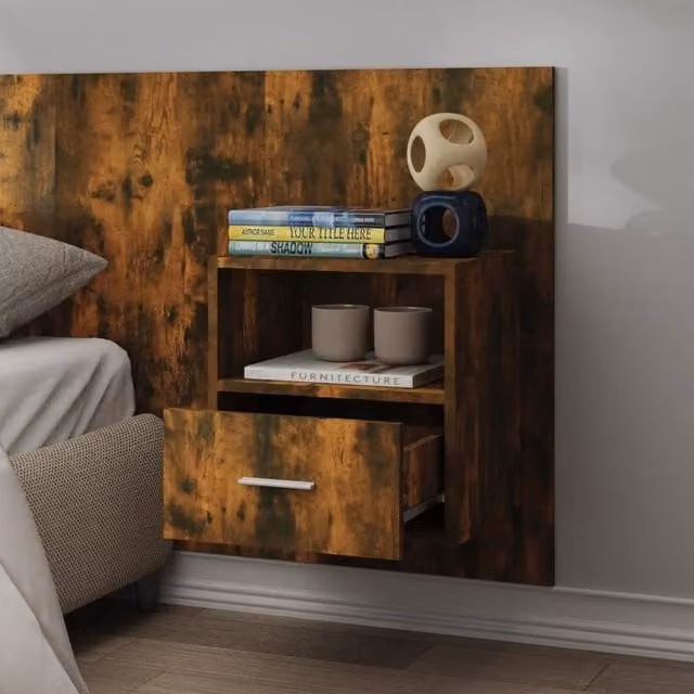 Berkfield Home Wall-mounted Bedside Cabinet in Smoked Oak, Brown, W: 32.5 cm, H: 48.5 cm, D: 80.0 cm