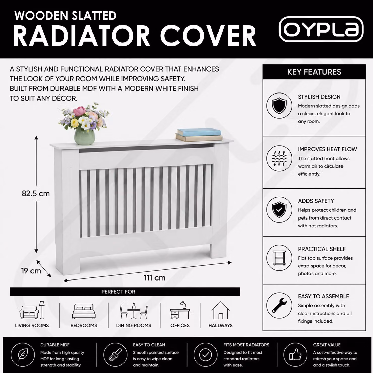 Oypla Medium Wooden Slatted MDF Radiator Cover Cabinet in White – 2