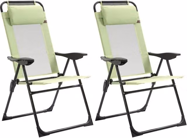 NESTLUNE Set of 2 Green Folding Garden Recliner Camping Chairs with Armrests