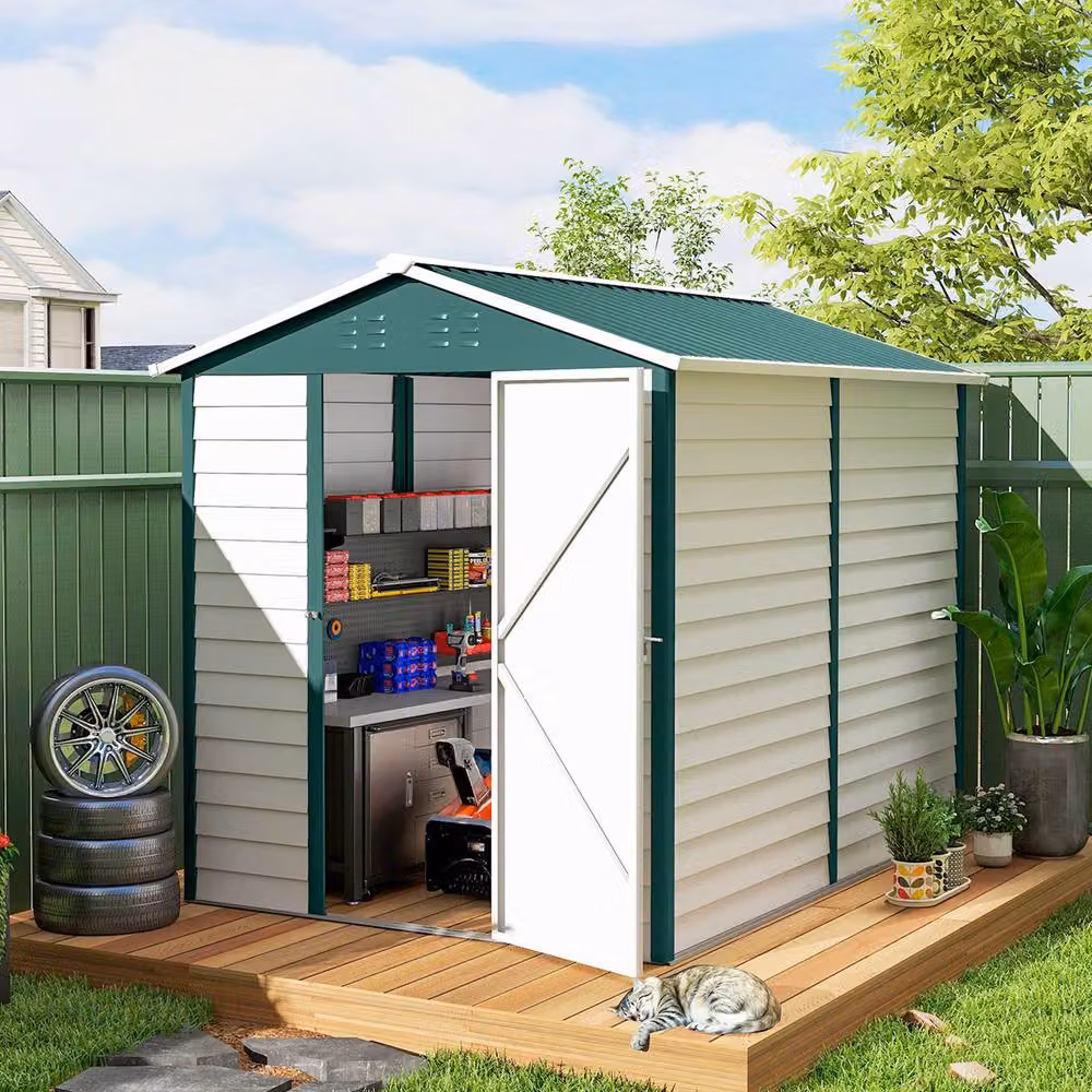Rolipo Green Metal Garden Shed with Sloped Roof, Window and Lockable Door, W: 274.32 cm, D: 182.88 cm, H: 208.0 cm – 4