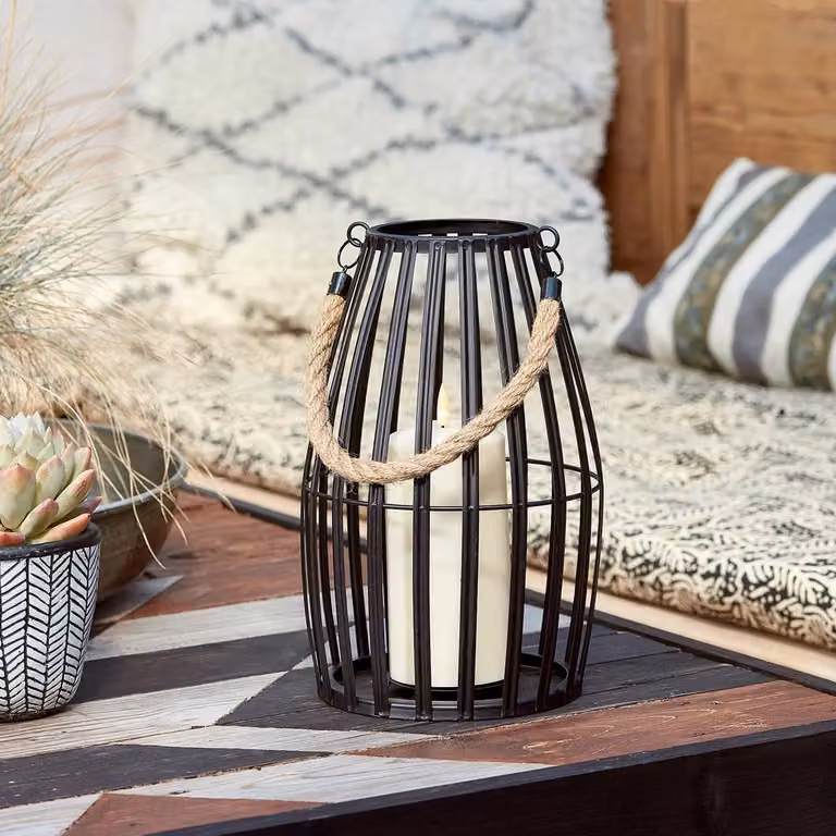 Canberra Slatted Black Metal Outdoor Tabletop Lantern with TruGlow Candle and Remote Control