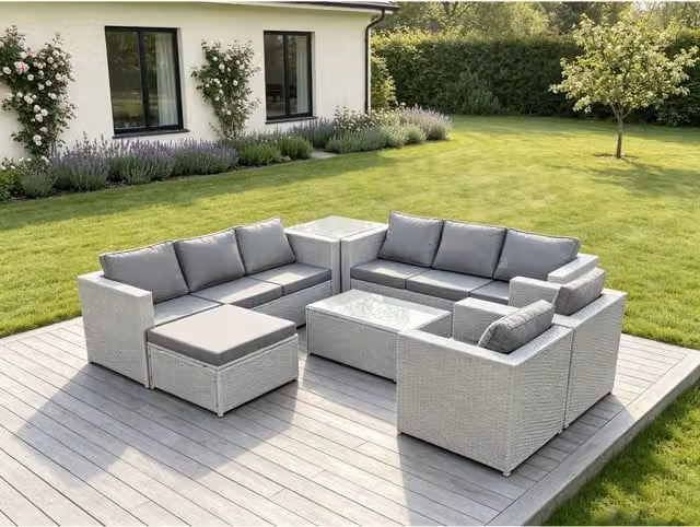Fimous 9 Seater Grey Rattan Garden Furniture Set with 3 Seater Sofa, Armchairs, Coffee Table and Ottoman